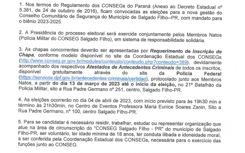 EDITAL DE CONVOCAÇÃO PARA ELEIÇÃO DO CONSEG - CONSELHO DE SEGURANÇA DE SALGADO FILHO.